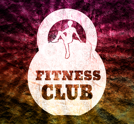 Sporty woman sits on a kettlebell. Girl silhouette. Fitness club text. Emblem for sport clubの写真素材