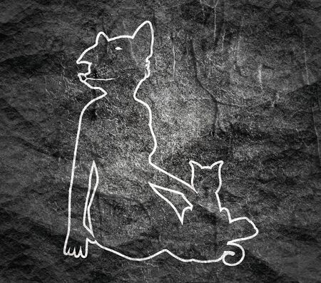 The woman with cat. Woman with head of Bull terrier or big mouse. Outline silhouettesの写真素材