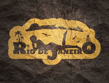 Young woman sunbathing on a beach. Silhouette of the relaxing girl on a Rio de Janeiro text. Palm and lifeguard tower on backdrop. Aeroplane and birds in the skyの写真素材