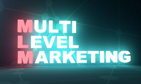 Acronym MLM - Multi level marketing. Business conceptual image. 3D rendering. Neon bulb illuminationの写真素材