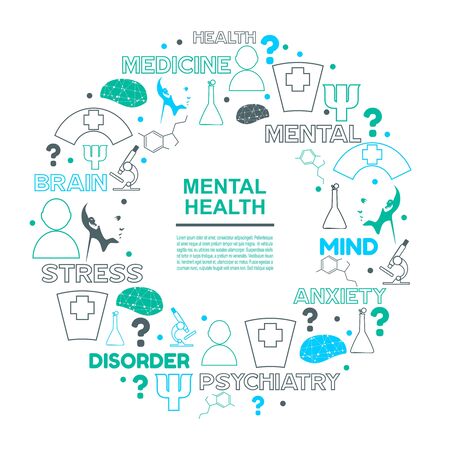 Mental health creative concept. Circle frame with medicine thin line icons and tags.のイラスト素材