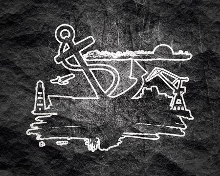 Cargo port relative icons on grunge brush stroke.. Sketch style illustration.の写真素材