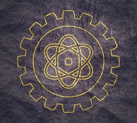 Pictograph of atom in the center of gear. Brochure or report design template.の写真素材