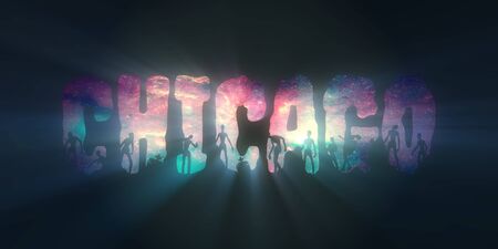 Chicago city name and zombie silhouettes on them. Elements of this image furnished by NASA. Deep space with stars and nebulaの写真素材