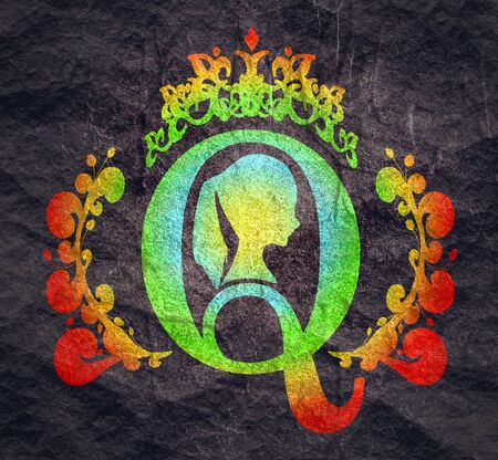 Vintage queen silhouette. Medieval queen profile. Elegant silhouette of a female head. Ponytail hairstyle. Royal emblem with Q letter decorated by floral patternの写真素材