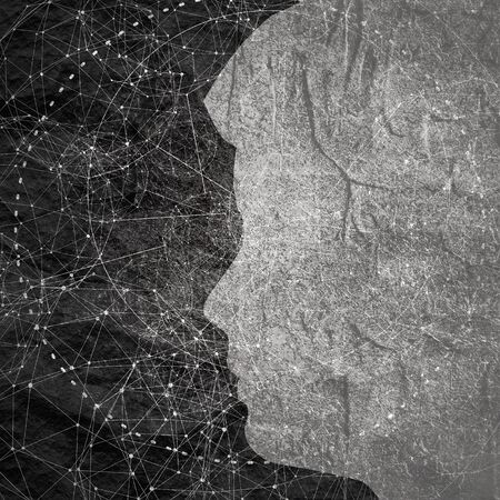 Silhouette of a man head. Mental health relative brochure, report or flyer design template. Scientific medical designs. Connected lines with dots.の写真素材