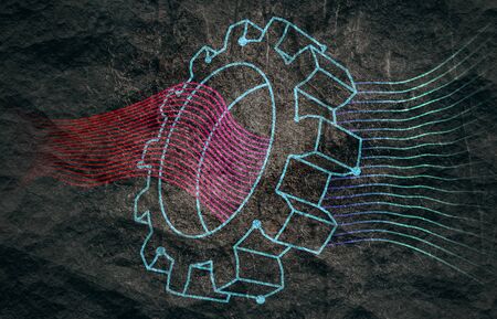 Isometric gear model on blue background. Precision machinery relative backdropの写真素材
