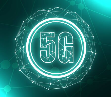 Mobile gadgets technology relative image. Circle frame with 5G Network Symbol. Connected lines with...