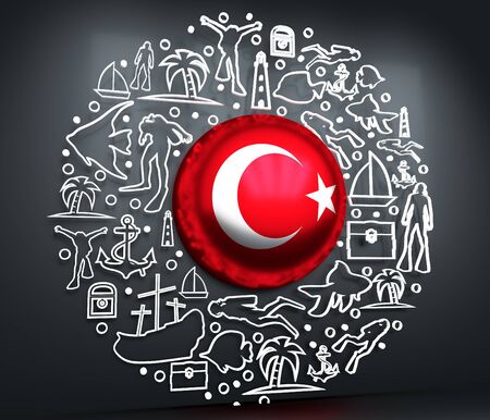 Circle Frame with Diving Line Icons. Travel and Vacation Poster Concept. 3D rendering. Flag of the Turkeyの写真素材