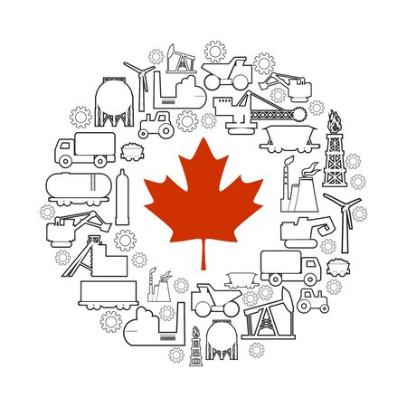 Concept of industrial plant and manufacture building. Energy generation and heavy industry. Brochure or cover design template. Circle frame with industrial thin line icons. Flag of the Canadaのイラスト素材