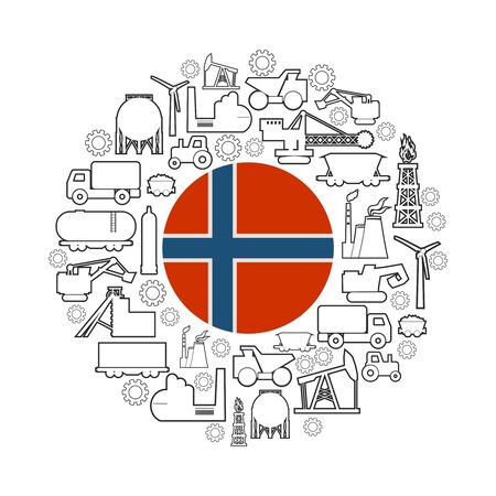 Concept of industrial plant and manufacture building. Energy generation and heavy industry. Brochure or cover design template. Circle frame with industrial thin line icons. Flag of the Norwayのイラスト素材