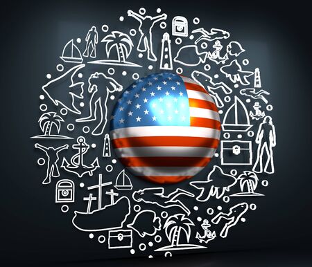 Circle Frame with Diving Line Icons. Travel and Vacation Poster Concept. 3D rendering. Flag of the USAの写真素材