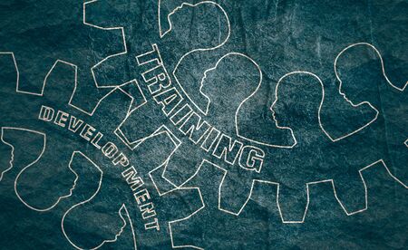 Human heads silhouettes on the Mechanism of Gears. Communication Concept in Industrial Design. Modern brochure design template.の写真素材