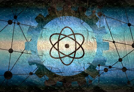 Pictograph of atom in the center of gear. Molecule And Communication Background. Brochure or report...