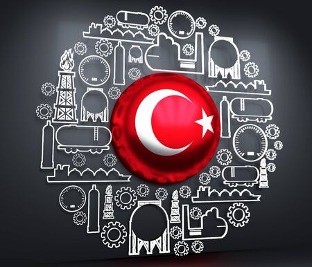 Energy and Power icons set. Design concept of natural gas industry. Background with industrial line icons. 3D rendering. Flag of the Turkeyの写真素材