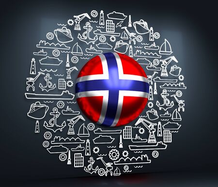 Sea port concept. Freight vessels or ships icons. Maritime transportation. Brochure, report or cover design template. Circle frame with thin line icons. 3D rendering. Flag of the Norwayの写真素材