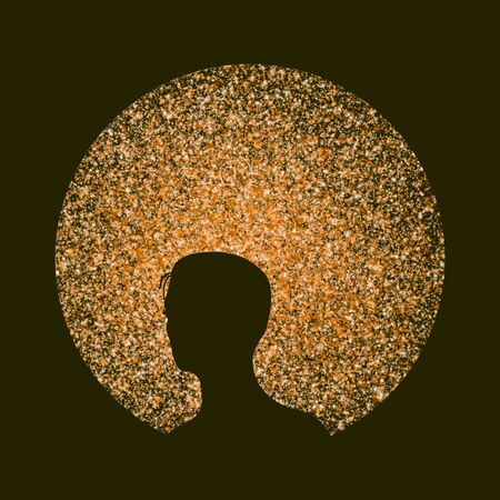 Female face view. Elegant silhouette of a head. Glowing silhouette composed of particlesの写真素材