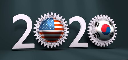 Business relative words on the mechanism of gears. Communication concept in industrial design. USA and South Korea business cooperation. 3D rendering. 2020 year numberの写真素材
