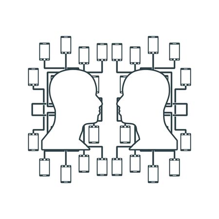 Social media network. Growth background with lines, human head and phone silhouettes. Connected...