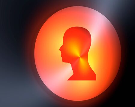 Silhouette of a man head in a circle frame. Orange spotlightの写真素材