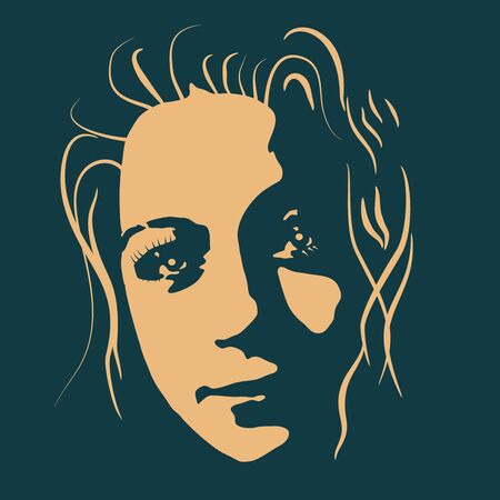 Face front view. Elegant silhouette of a female head in contrast backlight. Portrait of a happy smiled womanのイラスト素材