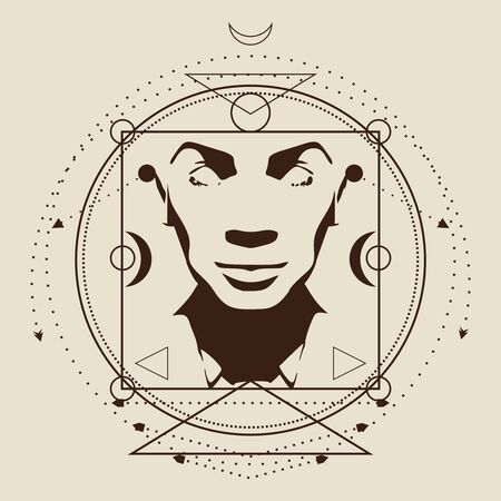 Mystical geometry symbol with woman face. Linear alchemy, occult, philosophical sign. Sacramental design. Astrology and religion concept.のイラスト素材
