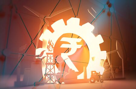 Energy and Power icons set. Sustainable energy generation and heavy industry. 3D rendering. Luminous Rupee signの写真素材