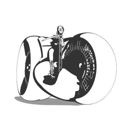 Sexy girl ride a motorbike. Biker party poster design. Woman on a futuristic bike. Sci fi conceptのイラスト素材