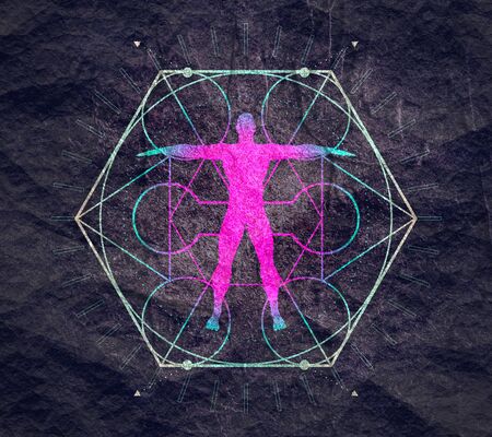 Mystery, witchcraft, occult and alchemy tattoo sign. Mystical vintage gothic geometry thin lines symbol with silhouette of a muscular man.の写真素材