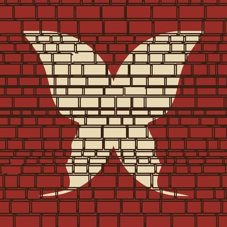 A butterfly or two face profile view. Optical illusion. Human head make silhouette of insect. Brick wall textureのイラスト素材