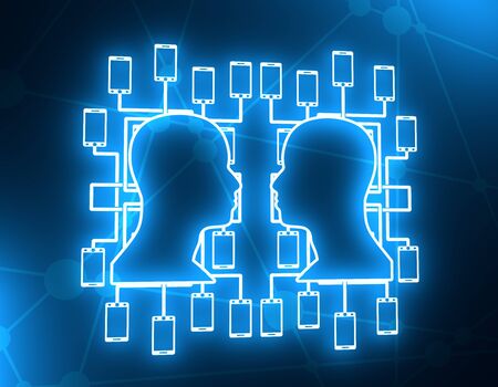 Social media network. Growth background with lines, human head and phone silhouettes. Connected symbols for digital, interactive and global communication concept. Neon bulb illumination. 3D renderingの写真素材
