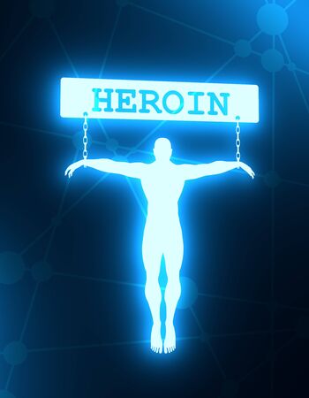 Man chained to heroin word. Unhealthy addiction metaphor. Neon bulb illumination. 3D renderingの写真素材