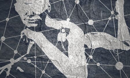 Beautiful sexy fitness girl lying on dark floor. Pretty woman wearing bikini, boots and sunglasses. Front view. Molecule and communication background. Connected lines with dots.の写真素材