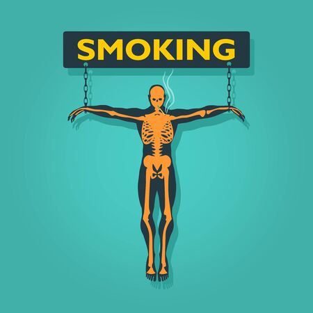 Man chained to smoking word. Unhealth addiction metaphor.
