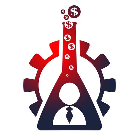 Business model metaphor. Gear and business icon in laboratory glass. Business chemistry. Dollar sign vapourのイラスト素材