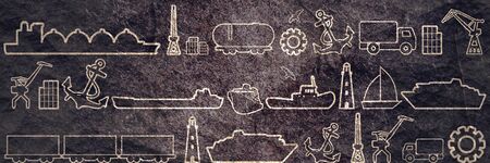 Freight vessels and other sea port symbols. Maritime transportation concept. Thin line icons.