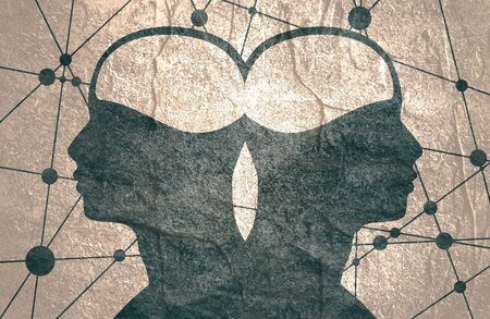 Silhouette of a men head. Teamwork relative brochure, report or leaflet design template. Scientific medical designs. Human communication.の写真素材