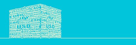 Word collage relative to trading. Illustration with different association terms. Cube shape. Horizontal thin line style web banner.のイラスト素材
