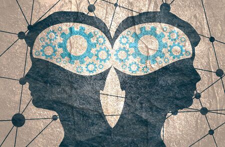 Silhouette of a men head. Teamwork relative brochure, report or leaflet design template. Scientific medical designs. Human communication. Gears group as a symbol of a brainsの写真素材