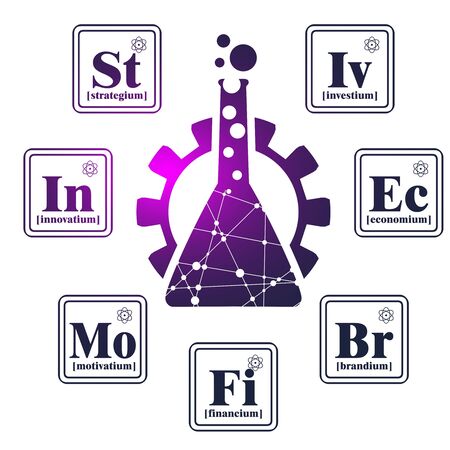 Business model metaphor. Fictional chemical elements around gear. Business chemistryのイラスト素材