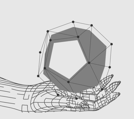 Polygonal hands and solid shape. Wire frame style. 3d human parts. Connected lines with dots.のイラスト素材