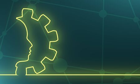 Silhouette of a head in the gear. Business and industry. Thin line style web banner. 3D rendering. Neon bulb illuminationの写真素材