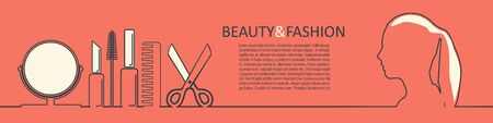 Cosmetology and hairdressing concept. Vector template for presentation. Horizontal thin line style web banner. Woman faceのイラスト素材