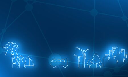 City and tropical recreation relative silhouettes. Retro bus moving to cruise ship and palm. Ecology linear design concept. 3D rendering. Neon bulb illuminationの写真素材