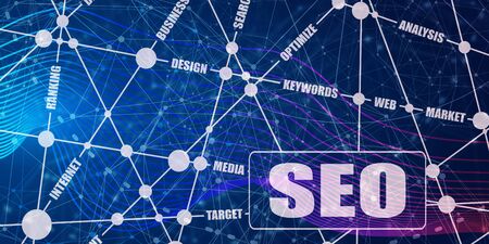 Search engine optimization word cloud business concept. SEO text. Molecule and communication...