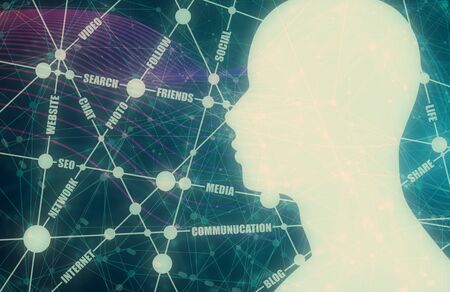 Tags cloud. Social media relative brochure, report or flyer design template. Scientific designs. Molecule and communication background. Connected lines with dots. Human head silhouetteの写真素材