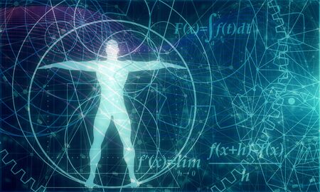 Abstract futuristic stripe line pattern with gear wheel and math fornula on blue color background. Human and earth globe model. Math science engineered drawn project plot conceptの写真素材