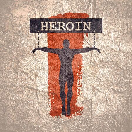 Man chained to opioids word. Unhealthy addiction metaphor. Grunge brush backdropの写真素材