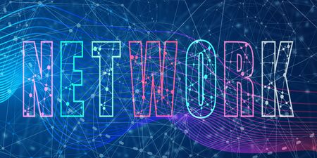 Creative illustration of network word lettering typography with lines and dots. Networking concept. Thin line art style design for business idea theme website bannerの写真素材