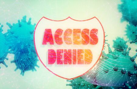 Shield with access denied text and viruse models. Antivirus programm relative image. Internet safery. 3D renderingの写真素材